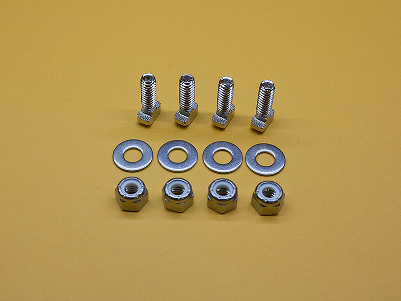 (4) 1/4-20 x 3/4″ Quarter-turn, nickel-plated drop-in T-bolts, SS washers, and SS Nylon lock-nuts